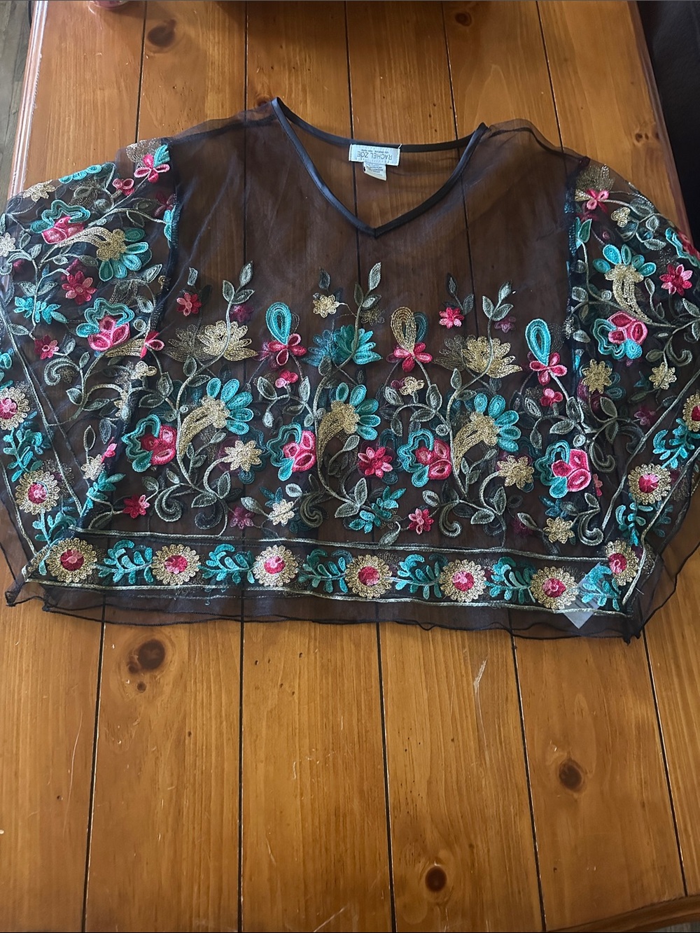 Rachel Zoe Black Sheer Cropped Embroidered Floral Top